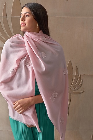 Pearl Colored Wool & Silk Floral Embroidered Stole by Mauli Cashmere