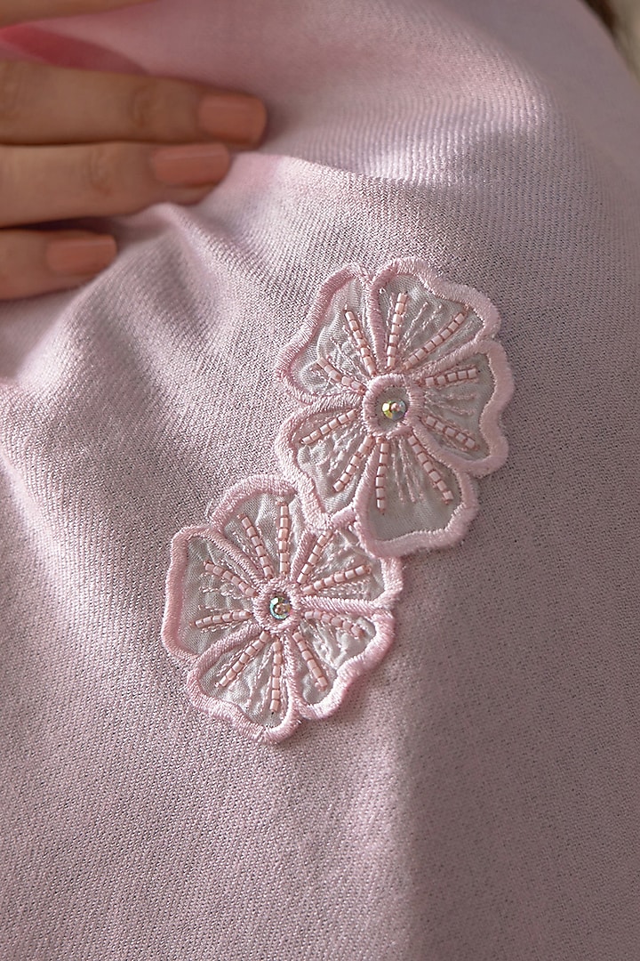 Pearl Colored Wool & Silk Floral Embroidered Stole by Mauli Cashmere at Pernia's Pop Up Shop