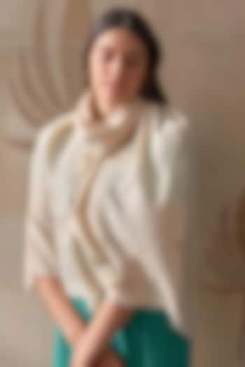 Beige Wool & Silk Floral Embroidered Stole by Mauli Cashmere at Pernia's Pop Up Shop