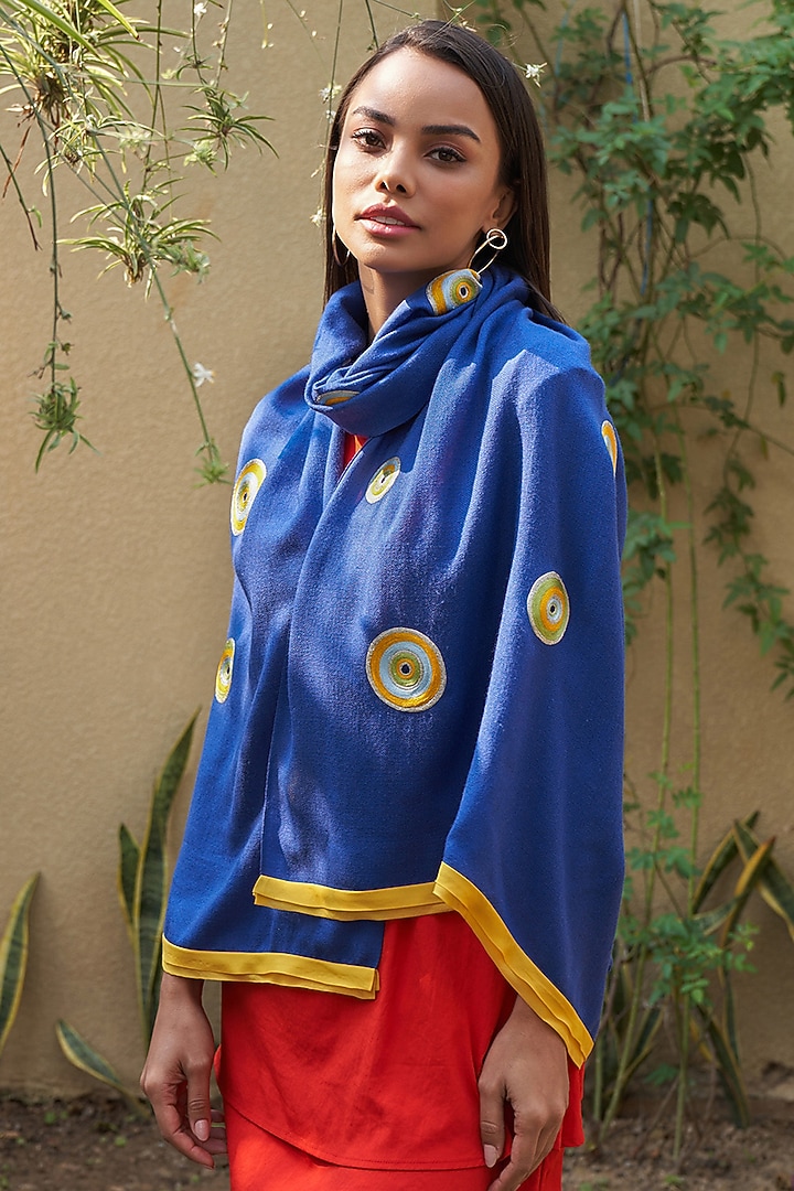 True Blue Wool & Silk Embroidered Stole by Mauli Cashmere at Pernia's Pop Up Shop