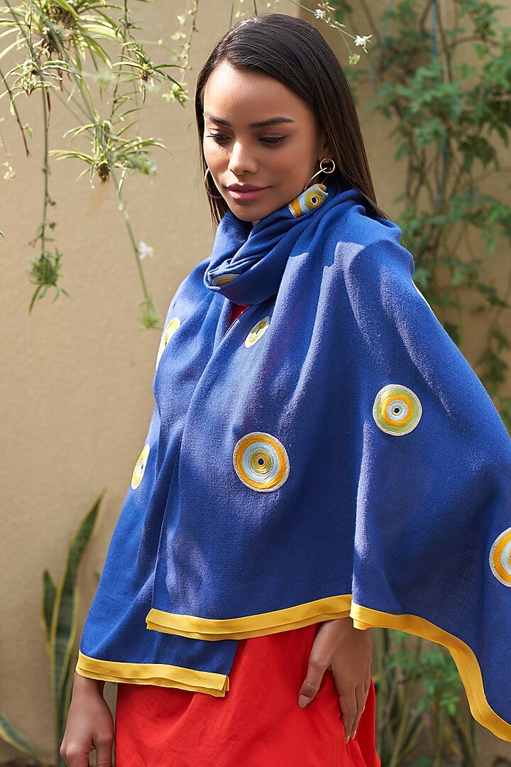 True Blue Wool & Silk Embroidered Stole by Mauli Cashmere at Pernia's Pop Up Shop