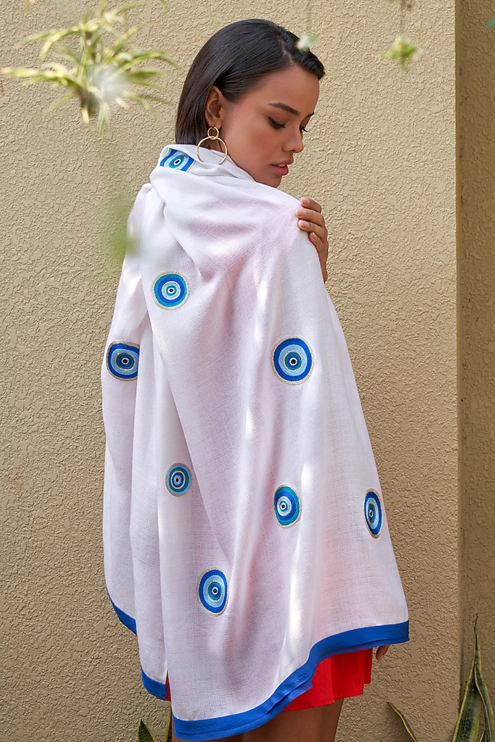 White Wool & Silk Evil-Eye Embroidered Stole by Mauli Cashmere at Pernia's Pop Up Shop