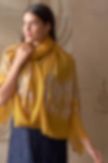 Spicy Mustard Wool & Silk Sequins Embroidered Stole by Mauli Cashmere at Pernia's Pop Up Shop