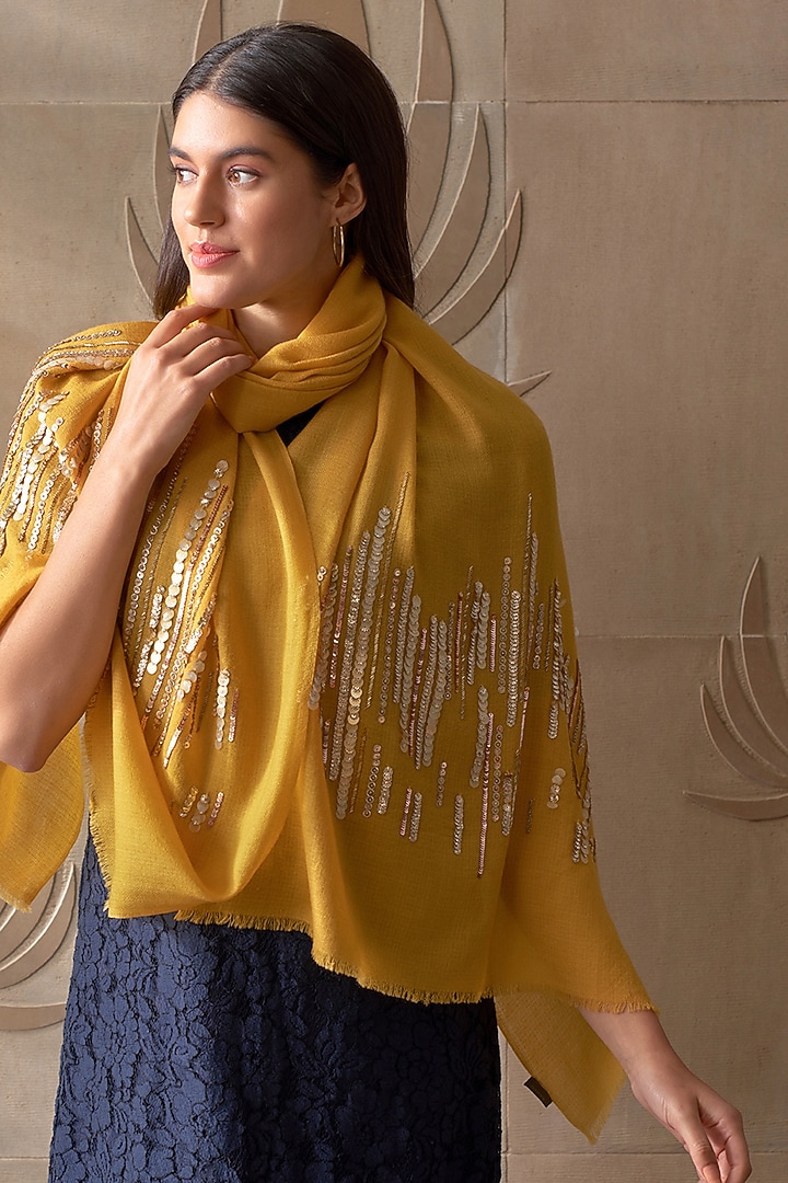 Spicy Mustard Wool & Silk Sequins Embroidered Stole by Mauli Cashmere at Pernia's Pop Up Shop