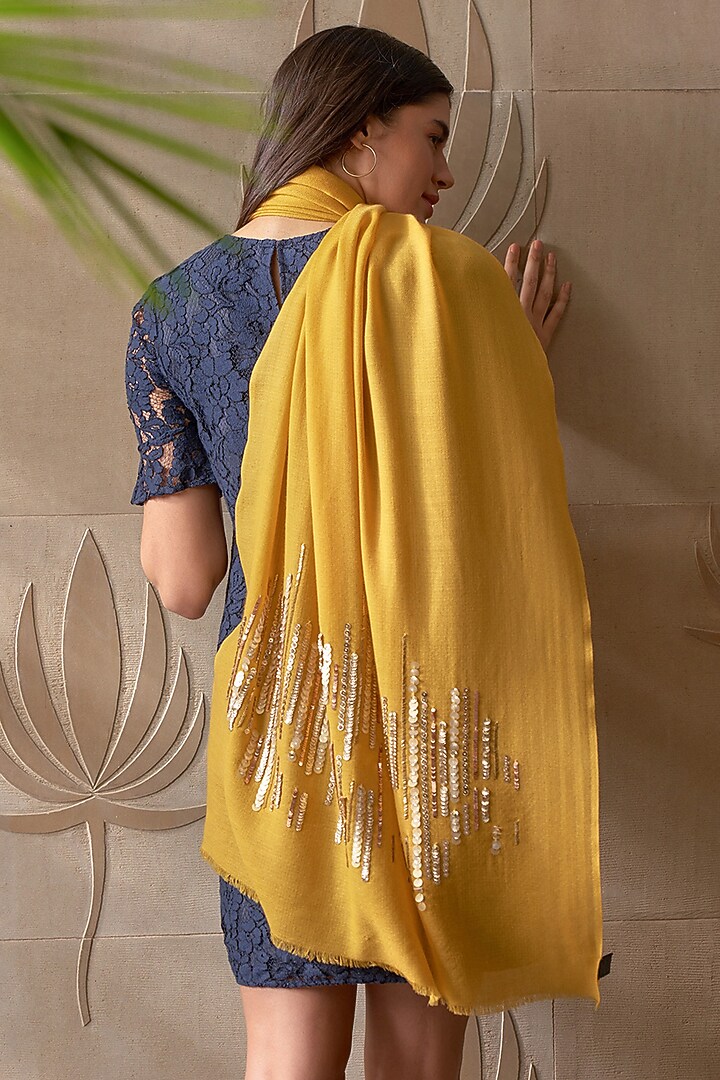 Spicy Mustard Wool & Silk Sequins Embroidered Stole by Mauli Cashmere at Pernia's Pop Up Shop