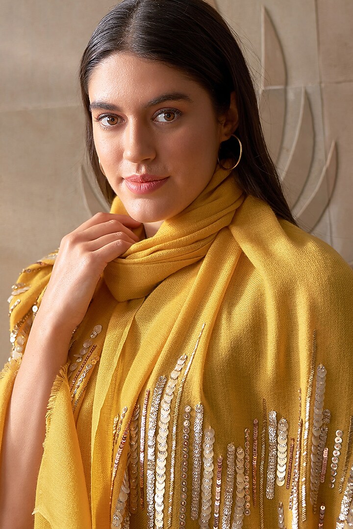 Spicy Mustard Wool & Silk Sequins Embroidered Stole by Mauli Cashmere at Pernia's Pop Up Shop
