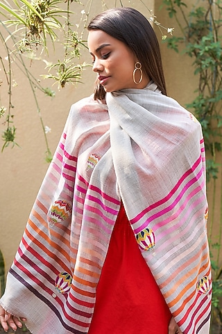 Multi-Colored Wool Silk Striped Embroidered Stole by Mauli Cashmere