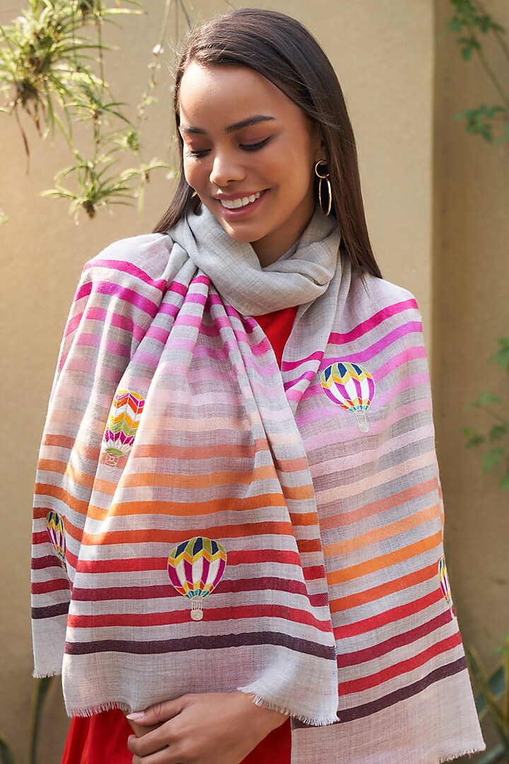 Multi-Colored Wool Silk Striped Embroidered Stole by Mauli Cashmere at Pernia's Pop Up Shop
