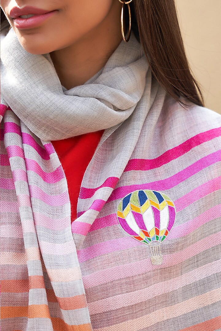 Multi-Colored Wool Silk Striped Embroidered Stole by Mauli Cashmere at Pernia's Pop Up Shop
