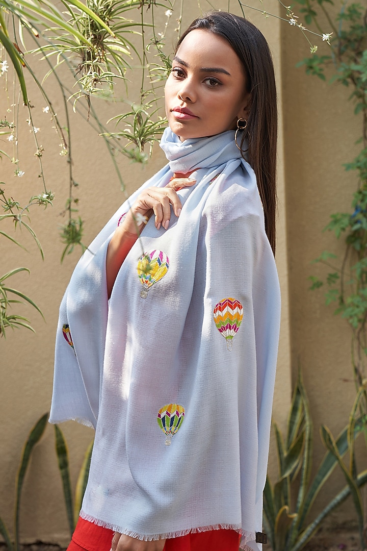Powder Blue Wool & Silk Embroidered Stole by Mauli Cashmere at Pernia's Pop Up Shop