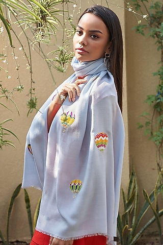 Powder Blue Wool & Silk Embroidered Stole by Mauli Cashmere