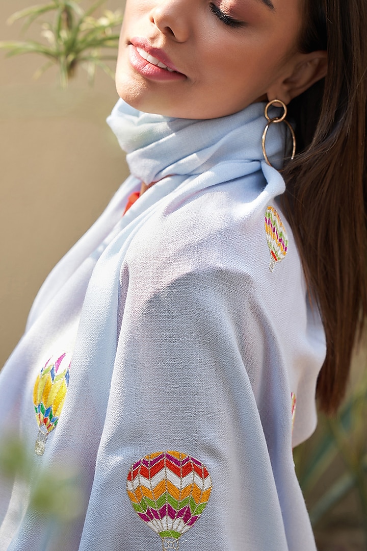 Powder Blue Wool & Silk Embroidered Stole by Mauli Cashmere at Pernia's Pop Up Shop