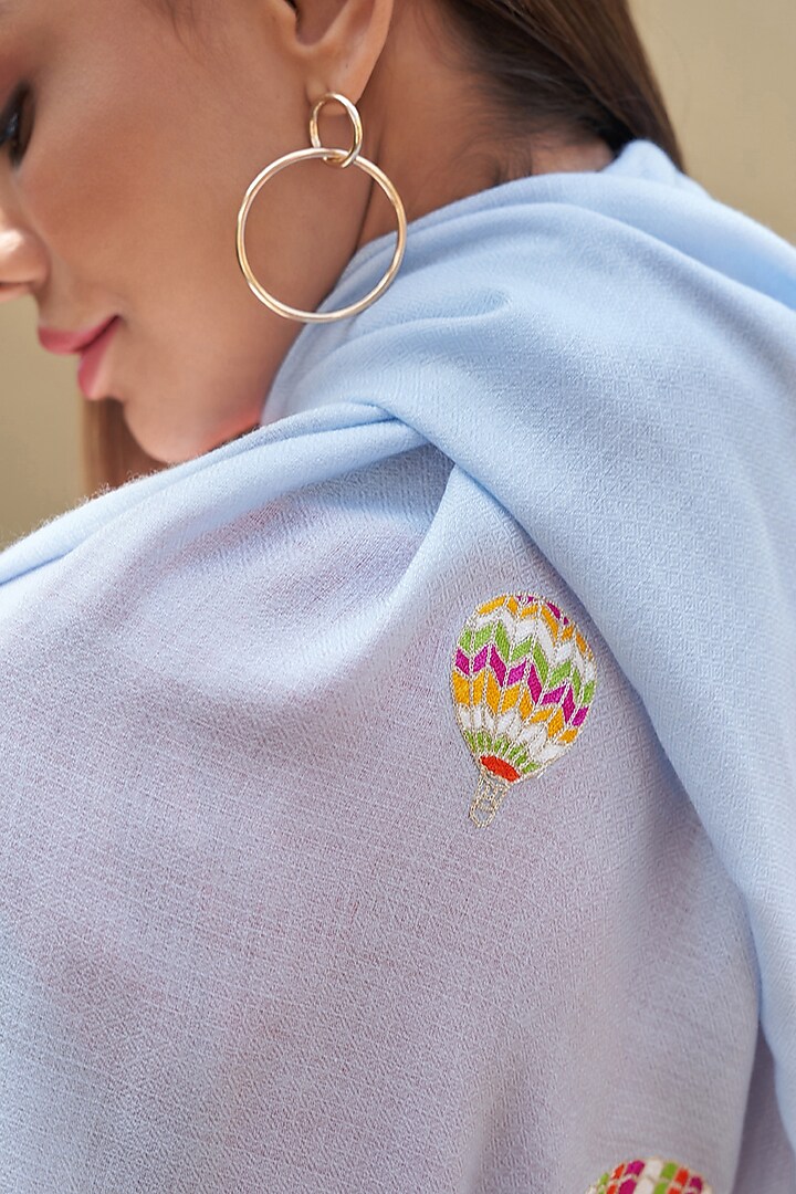 Powder Blue Wool & Silk Embroidered Stole by Mauli Cashmere at Pernia's Pop Up Shop