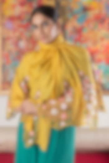 Mustard Silk Floral & Thread Embroidered Stole by Mauli Cashmere at Pernia's Pop Up Shop