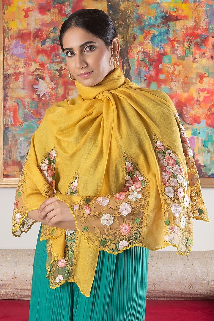Mustard Silk Floral & Thread Embroidered Stole by Mauli Cashmere at Pernia's Pop Up Shop