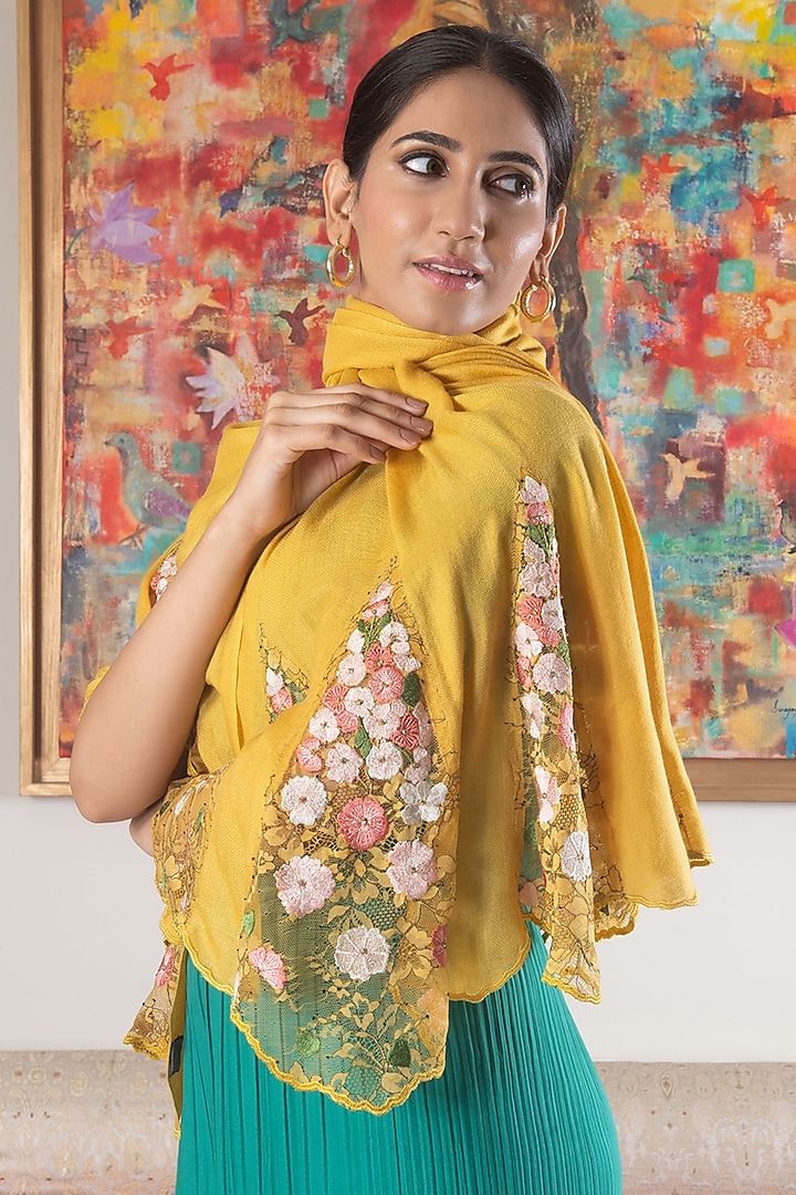 Mustard Silk Floral & Thread Embroidered Stole by Mauli Cashmere at Pernia's Pop Up Shop