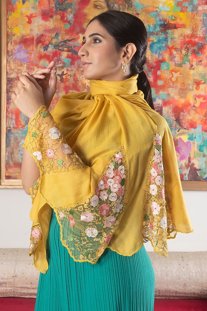 Mustard Silk Floral & Thread Embroidered Stole by Mauli Cashmere at Pernia's Pop Up Shop