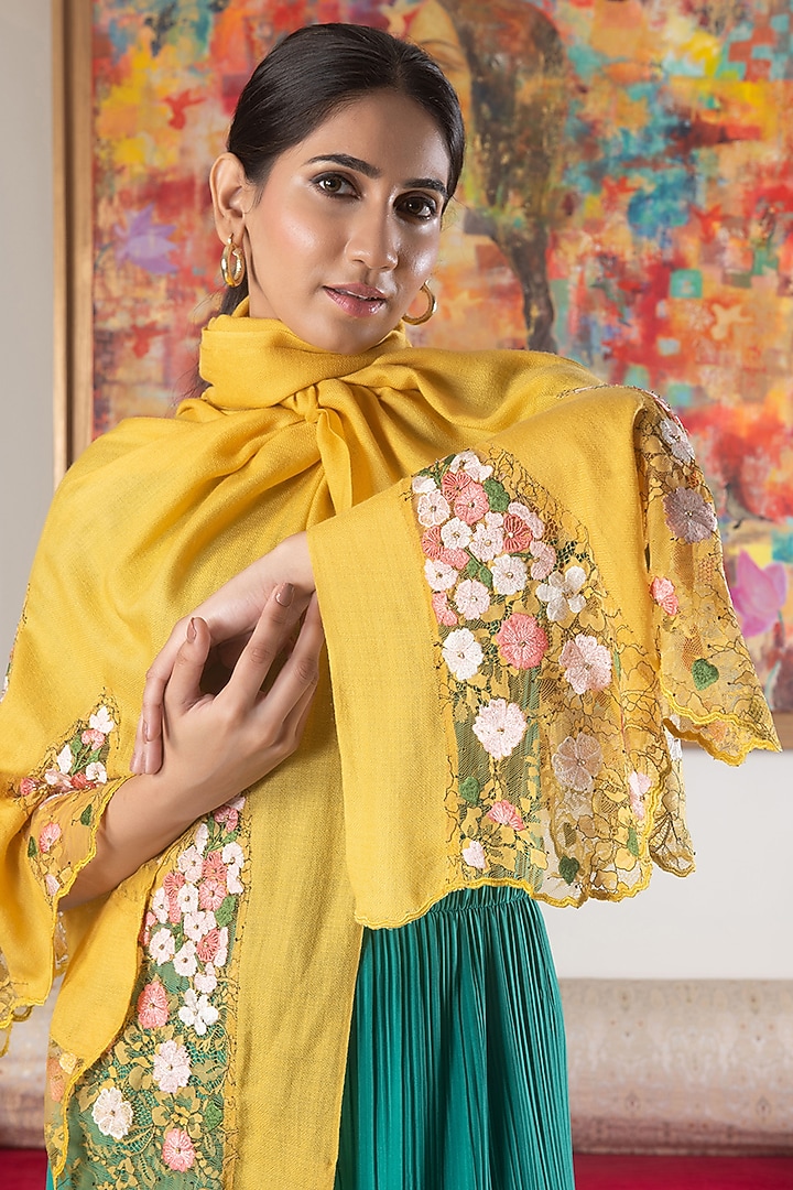 Mustard Silk Floral & Thread Embroidered Stole by Mauli Cashmere at Pernia's Pop Up Shop