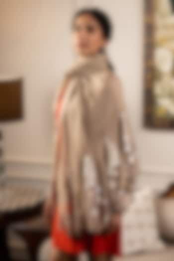 Dark Beige Silk Floral & Thread Embroidered Stole by Mauli Cashmere at Pernia's Pop Up Shop