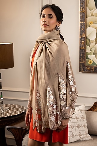 Dark Beige Silk Floral & Thread Embroidered Stole by Mauli Cashmere