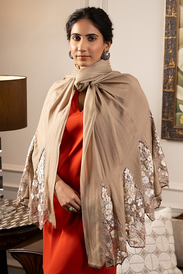 Dark Beige Silk Floral & Thread Embroidered Stole by Mauli Cashmere at Pernia's Pop Up Shop