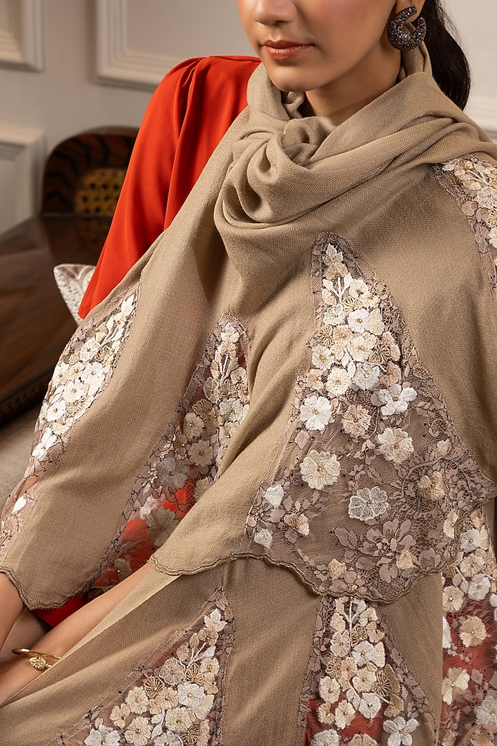 Dark Beige Silk Floral & Thread Embroidered Stole by Mauli Cashmere at Pernia's Pop Up Shop