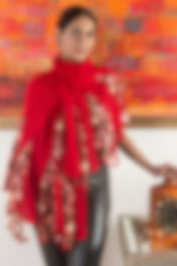 Red Wool & Silk Floral Lace Embroidered Stole by Mauli Cashmere at Pernia's Pop Up Shop