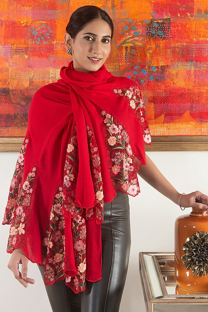 Red Wool & Silk Floral Lace Embroidered Stole by Mauli Cashmere at Pernia's Pop Up Shop