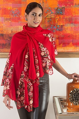 Red Wool & Silk Floral Lace Embroidered Stole by Mauli Cashmere