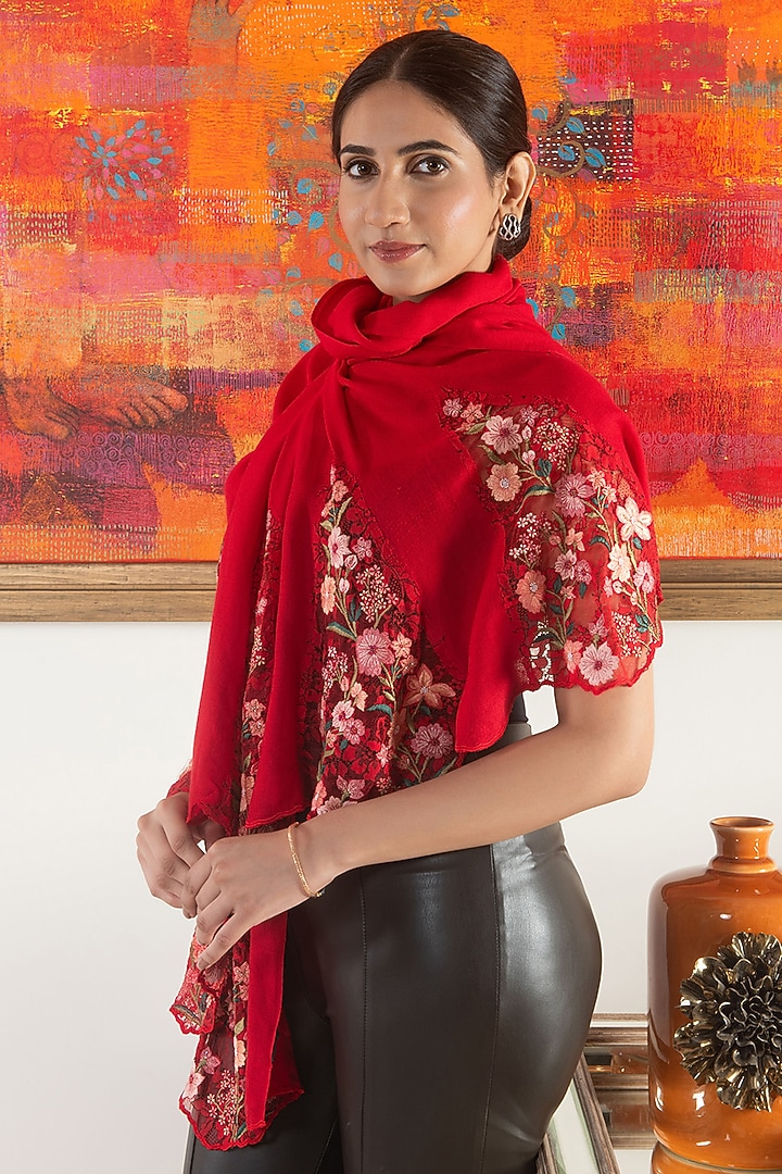 Red Wool & Silk Floral Lace Embroidered Stole by Mauli Cashmere at Pernia's Pop Up Shop