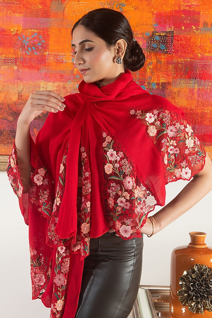 Red Wool & Silk Floral Lace Embroidered Stole by Mauli Cashmere at Pernia's Pop Up Shop