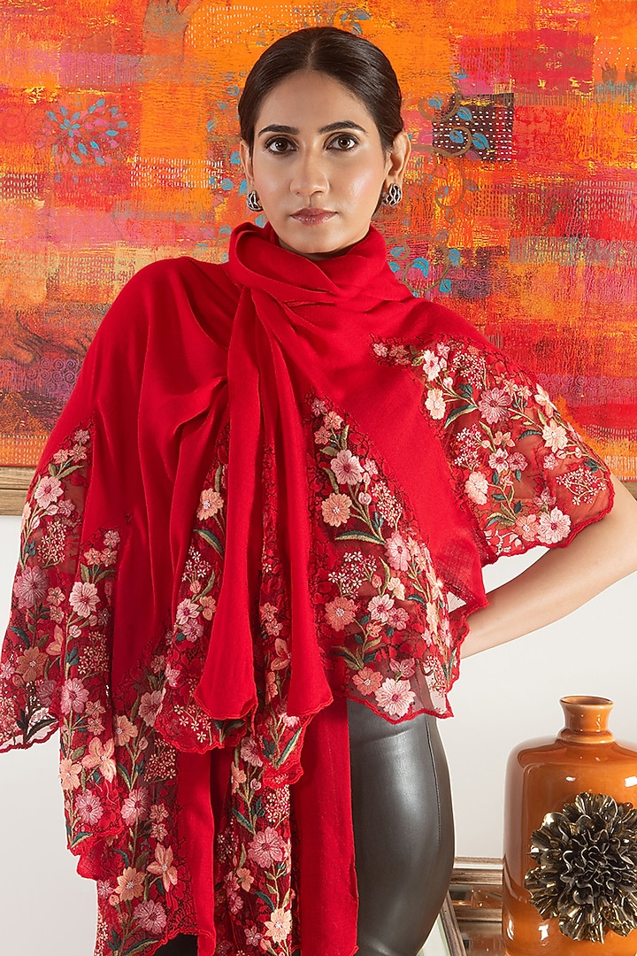 Red Wool & Silk Floral Lace Embroidered Stole by Mauli Cashmere at Pernia's Pop Up Shop