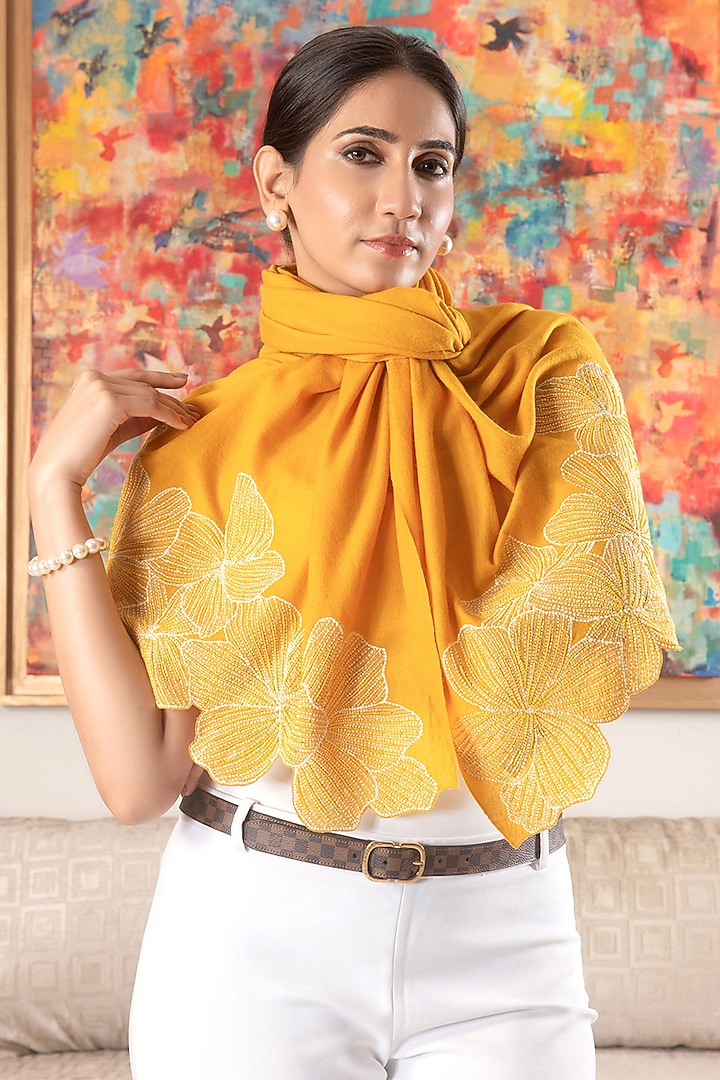Mustard Silk Metallic Thread Work Handcrafted Stole by Mauli Cashmere at Pernia's Pop Up Shop