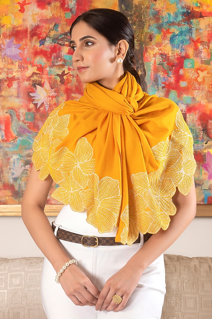 Mustard Silk Metallic Thread Work Handcrafted Stole by Mauli Cashmere at Pernia's Pop Up Shop