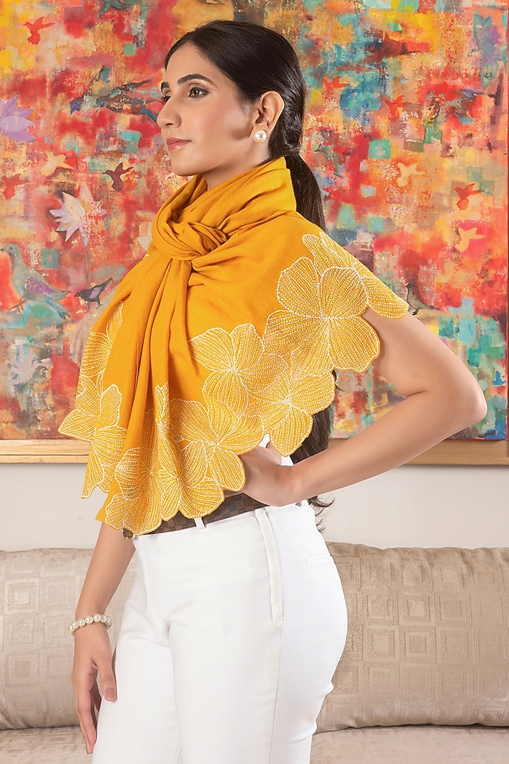 Mustard Silk Metallic Thread Work Handcrafted Stole by Mauli Cashmere at Pernia's Pop Up Shop
