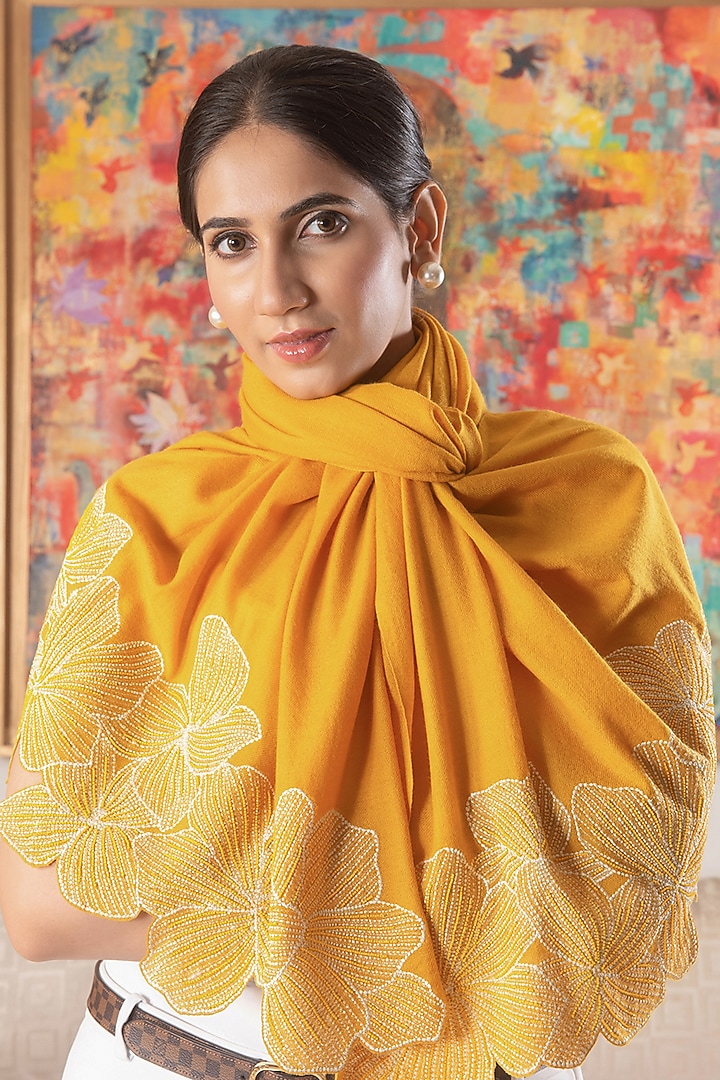 Mustard Silk Metallic Thread Work Handcrafted Stole by Mauli Cashmere at Pernia's Pop Up Shop
