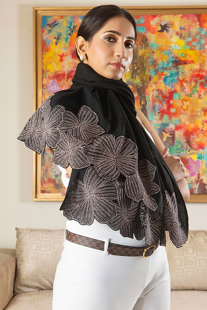 Black Silk Metallic Thread Work Handcrafted Stole by Mauli Cashmere at Pernia's Pop Up Shop