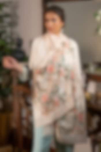 Beige Wool & Silk Floral Thread Embroidered Stole by Mauli Cashmere at Pernia's Pop Up Shop