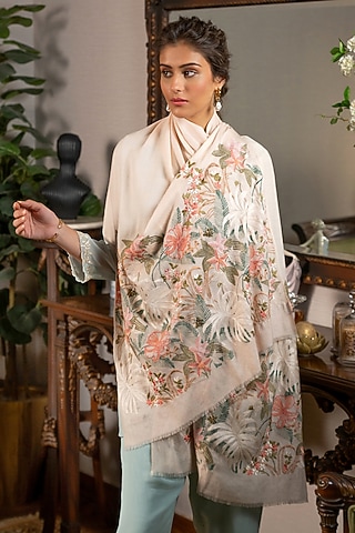 Beige Wool & Silk Floral Thread Embroidered Stole by Mauli Cashmere