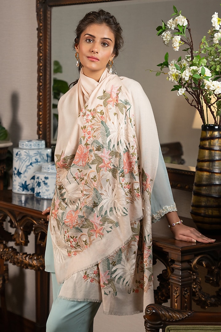 Beige Wool & Silk Floral Thread Embroidered Stole by Mauli Cashmere at Pernia's Pop Up Shop