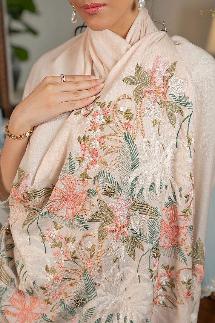 Beige Wool & Silk Floral Thread Embroidered Stole by Mauli Cashmere at Pernia's Pop Up Shop
