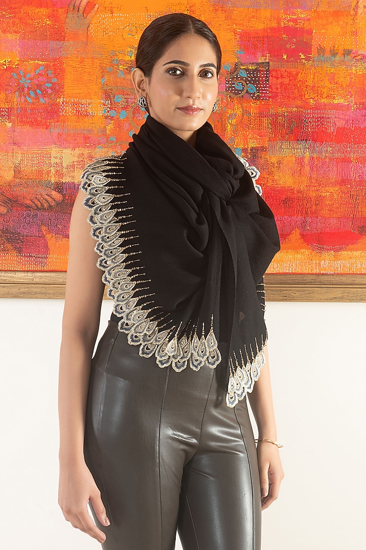 Black Silk Feather Embroidered Handcrafted Stole by Mauli Cashmere at Pernia's Pop Up Shop