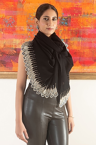 Black Silk Feather Embroidered Handcrafted Stole by Mauli Cashmere