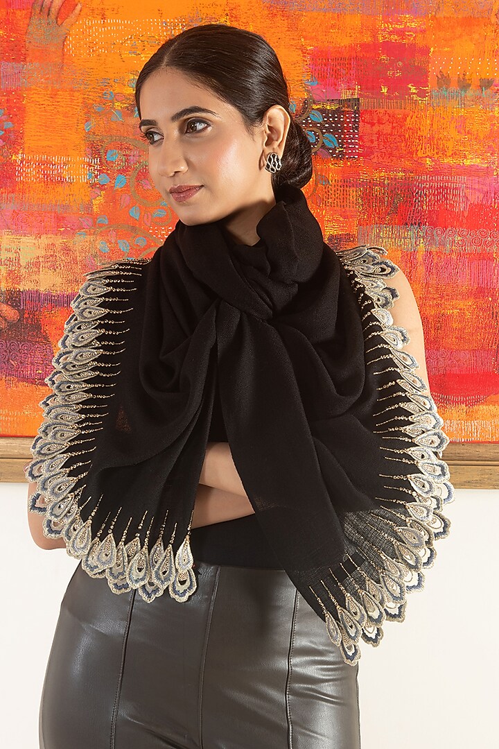 Black Silk Feather Embroidered Handcrafted Stole by Mauli Cashmere at Pernia's Pop Up Shop
