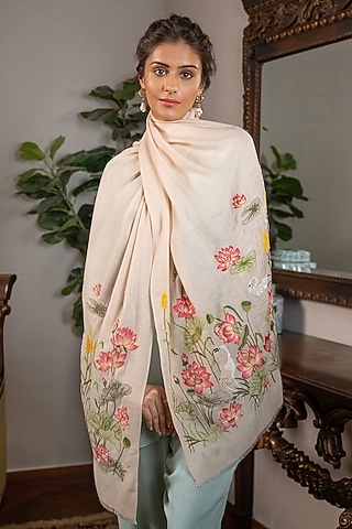 Beige Silk Hand Embroidered Handcrafted Stole by Mauli Cashmere