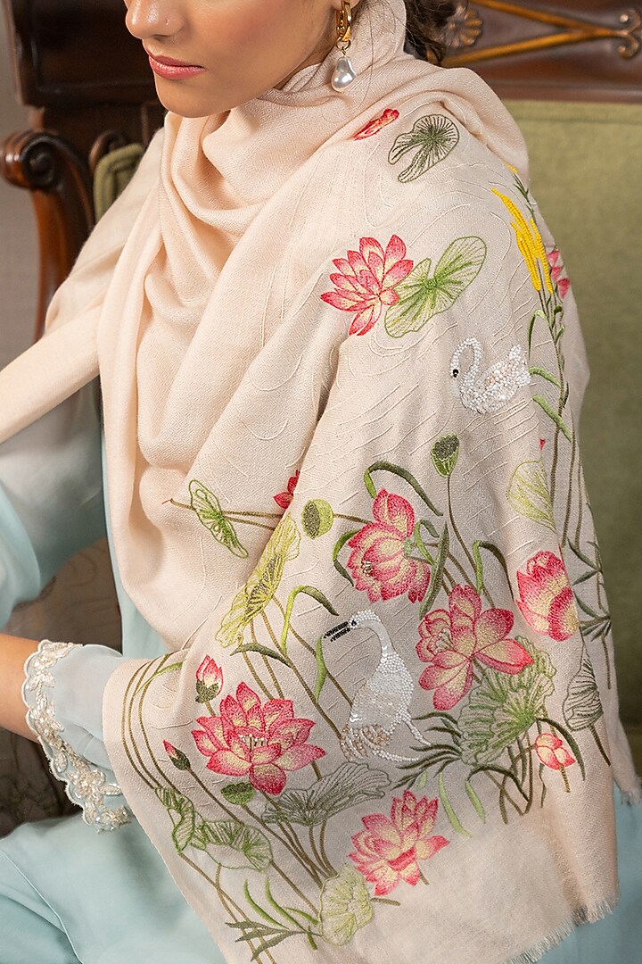 Beige Silk Hand Embroidered Handcrafted Stole by Mauli Cashmere at Pernia's Pop Up Shop