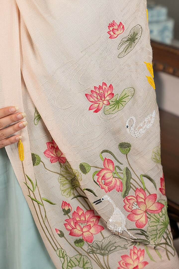 Beige Silk Hand Embroidered Handcrafted Stole by Mauli Cashmere at Pernia's Pop Up Shop