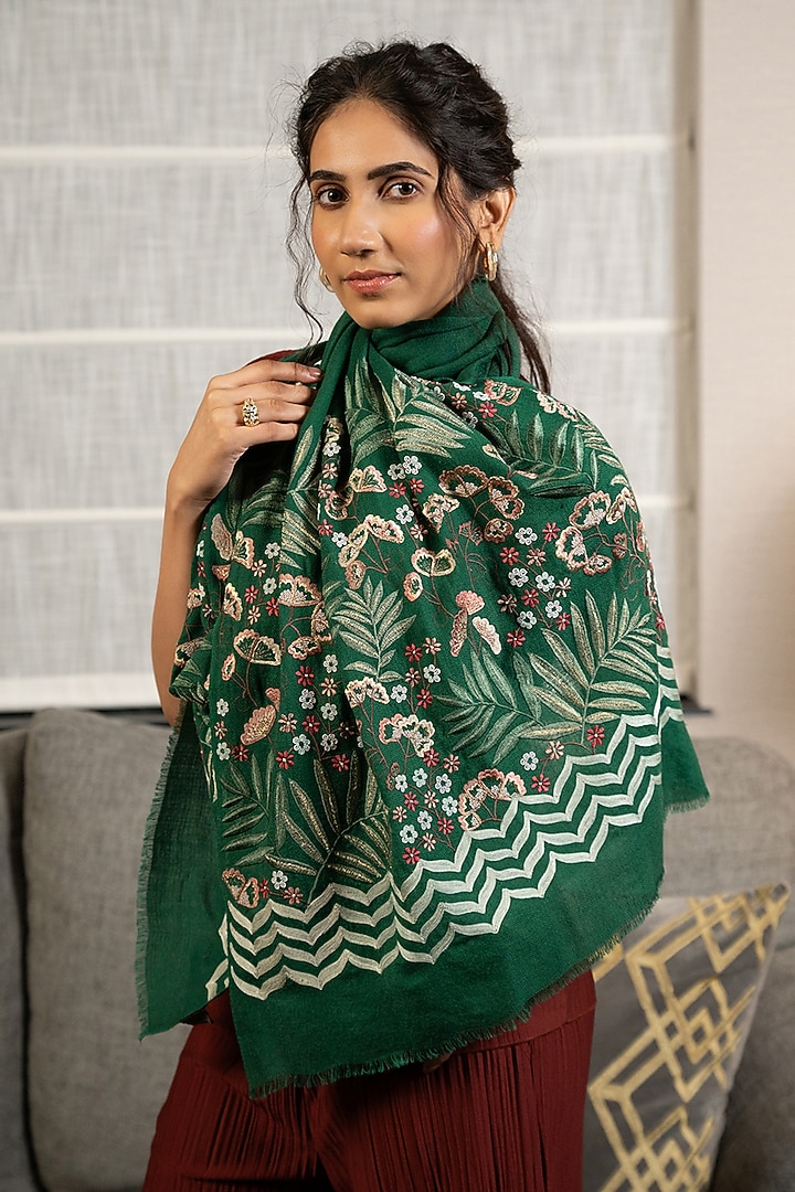 Emerald Silk Floral Hand Embroidered Handcrafted Stole by Mauli Cashmere at Pernia's Pop Up Shop
