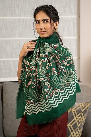 Emerald Silk Floral Hand Embroidered Handcrafted Stole by Mauli Cashmere