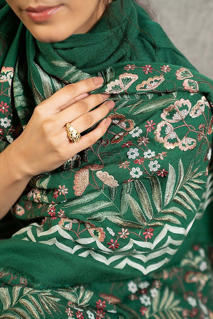 Emerald Silk Floral Hand Embroidered Handcrafted Stole by Mauli Cashmere at Pernia's Pop Up Shop